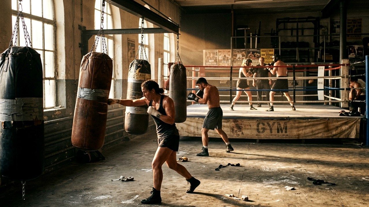 Bokserska sala sa teškim vrećama i ringom u prirodnom osvetljenju
